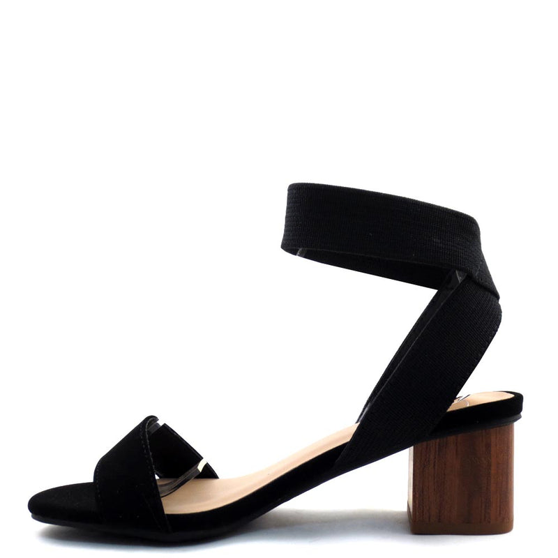 Delicious Stretch Material Upper Open Toe Ankle Strap Low Block Heel - Lotus