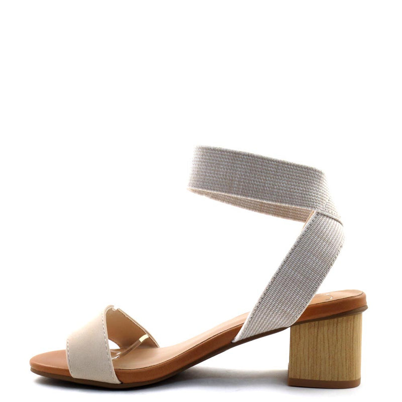 Delicious Stretch Material Upper Open Toe Ankle Strap Low Block Heel - Lotus