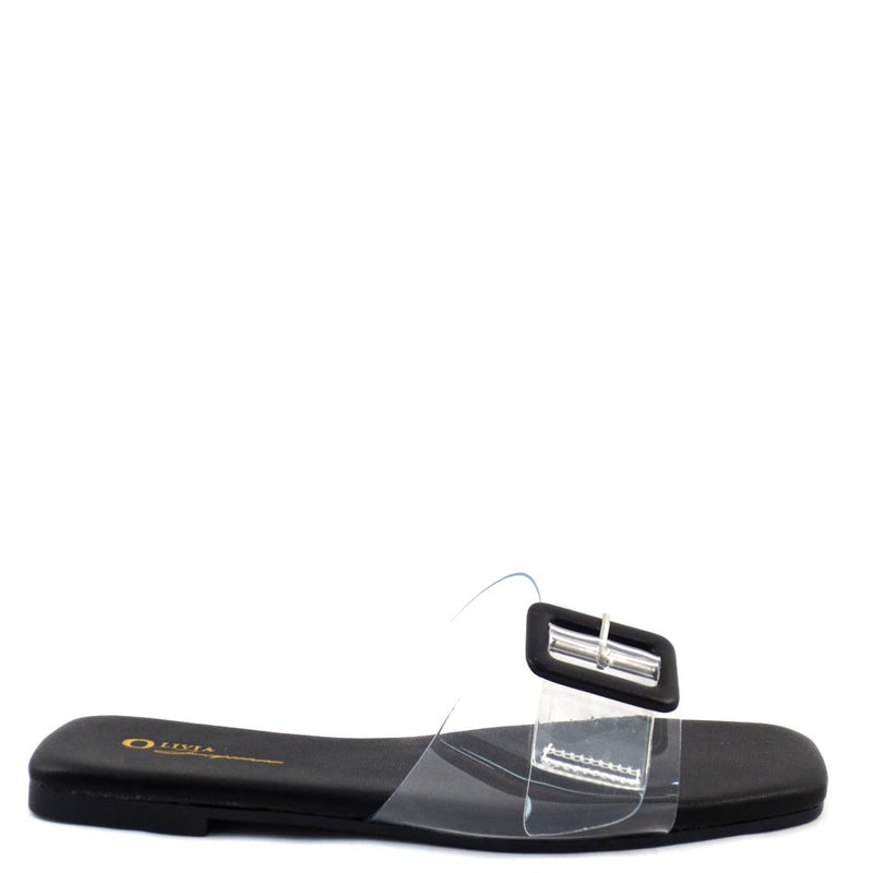 Olivia Jaymes Open Square Toe Clear Upper Buckle Detail Slide In Sandals - Mandi
