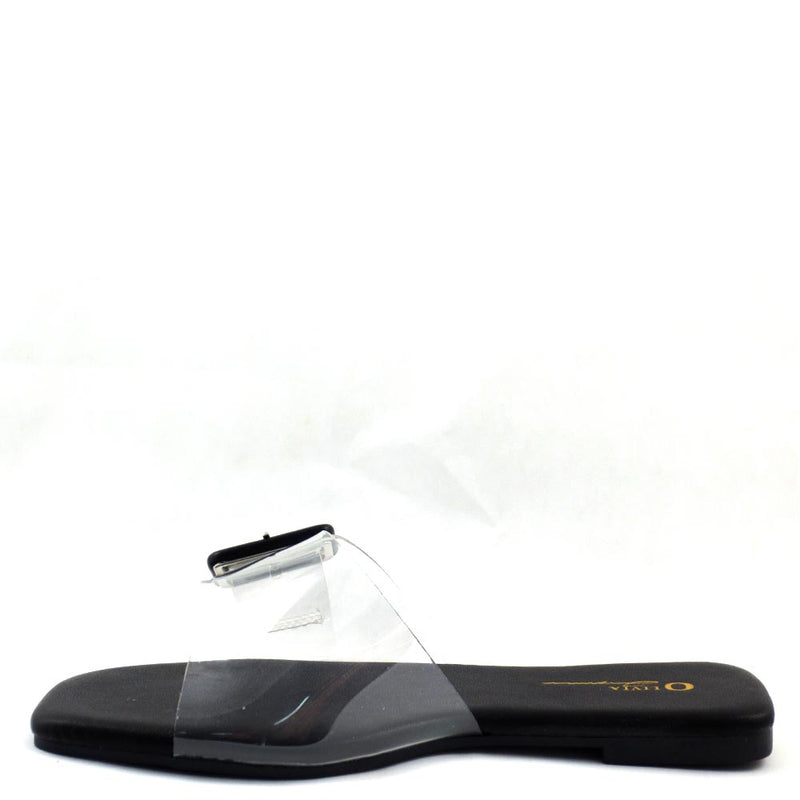 Olivia Jaymes Open Square Toe Clear Upper Buckle Detail Slide In Sandals - Mandi