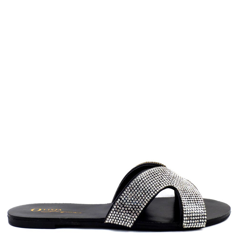 Olivia Jaymes Open Toe H-Shape Rhinestone Detail Slide In Sandals - Marquis