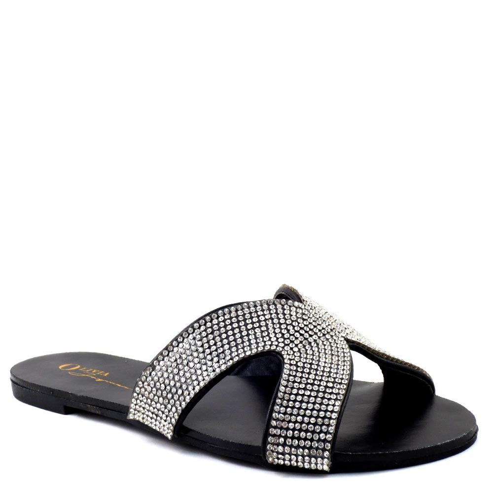 Olivia Jaymes Open Toe H-Shape Rhinestone Detail Slide In Sandals - Marquis