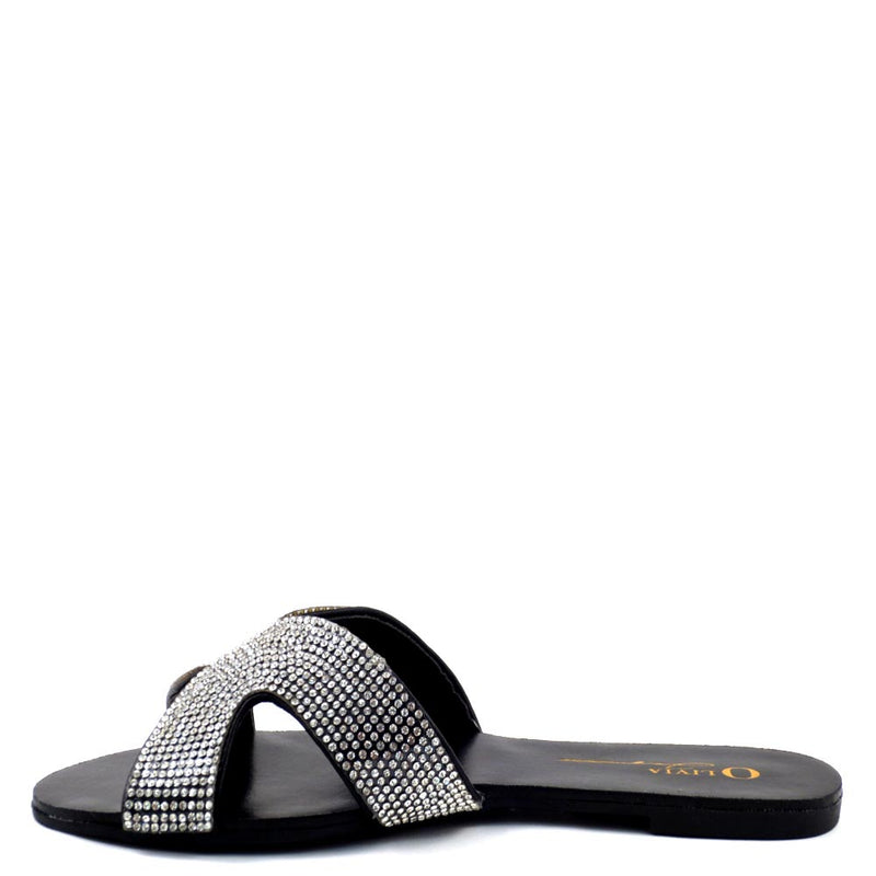 Olivia Jaymes Open Toe H-Shape Rhinestone Detail Slide In Sandals - Marquis