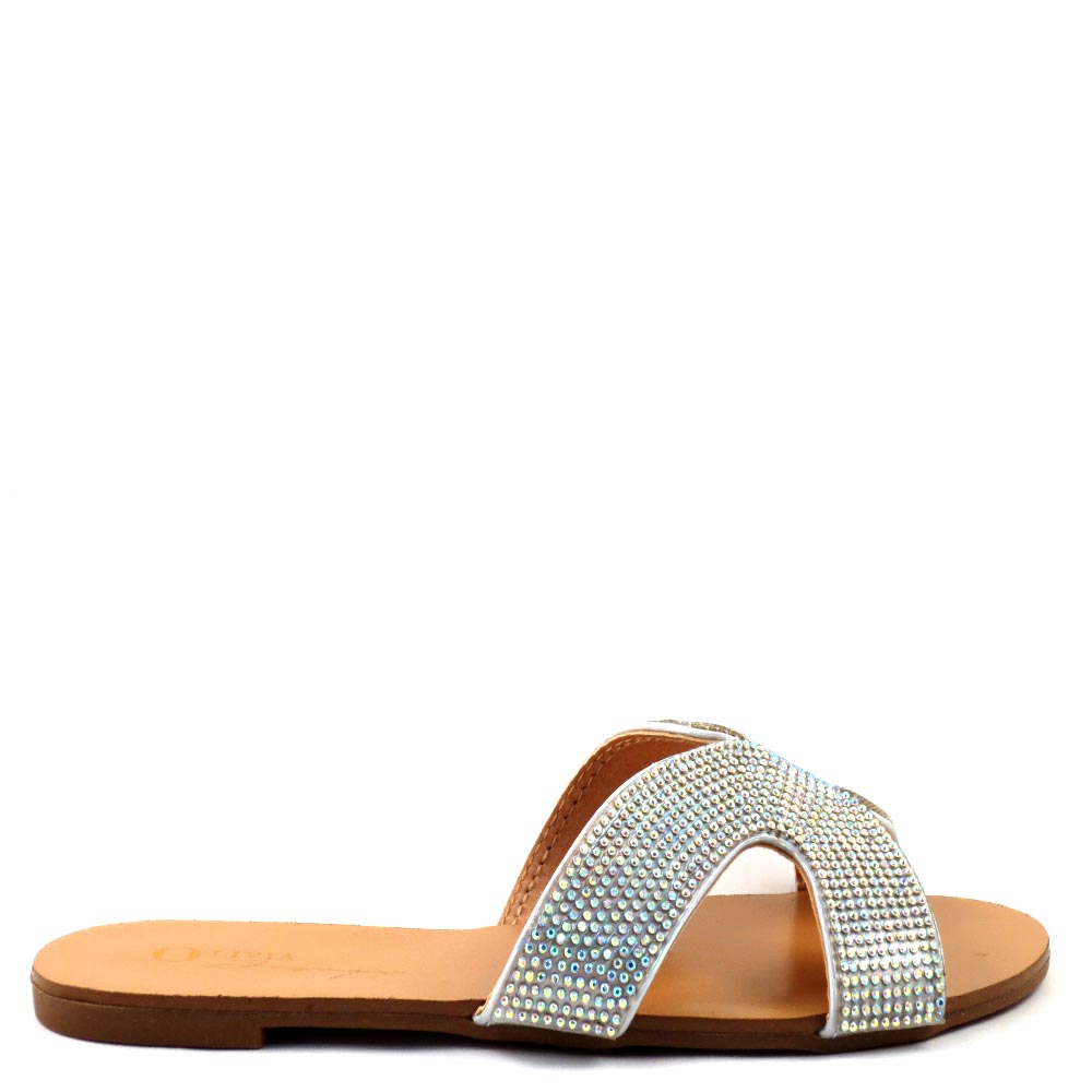 Olivia Jaymes Open Toe H-Shape Rhinestone Detail Slide In Sandals - Marquis