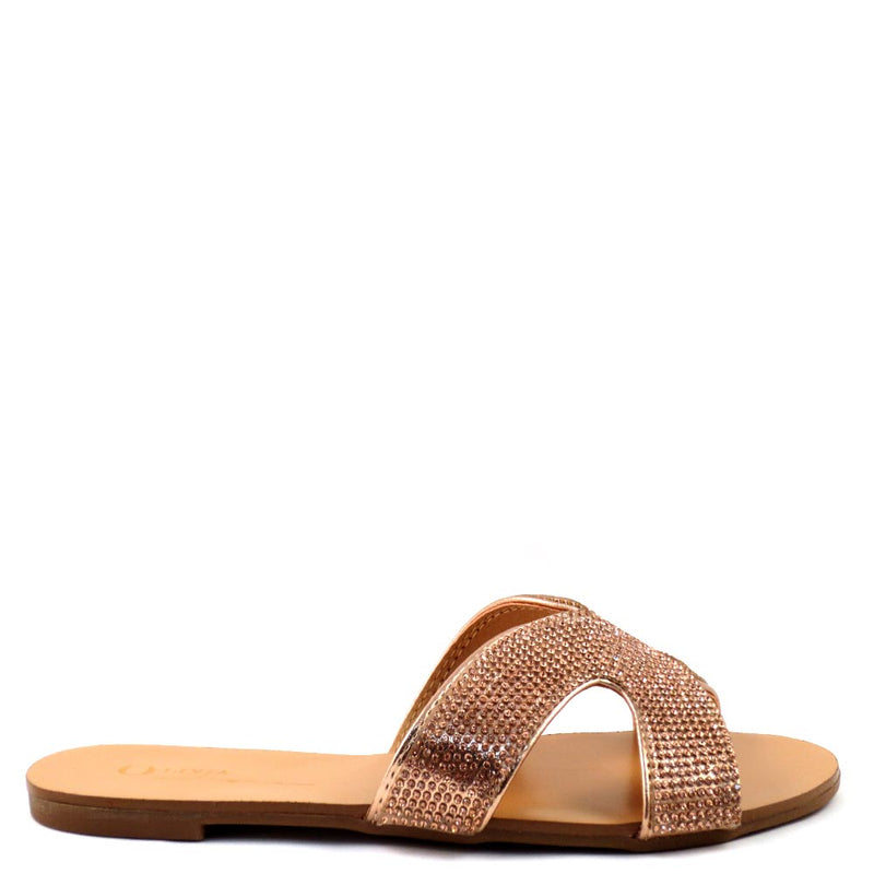 Olivia Jaymes Open Toe H-Shape Rhinestone Detail Slide In Sandals - Marquis