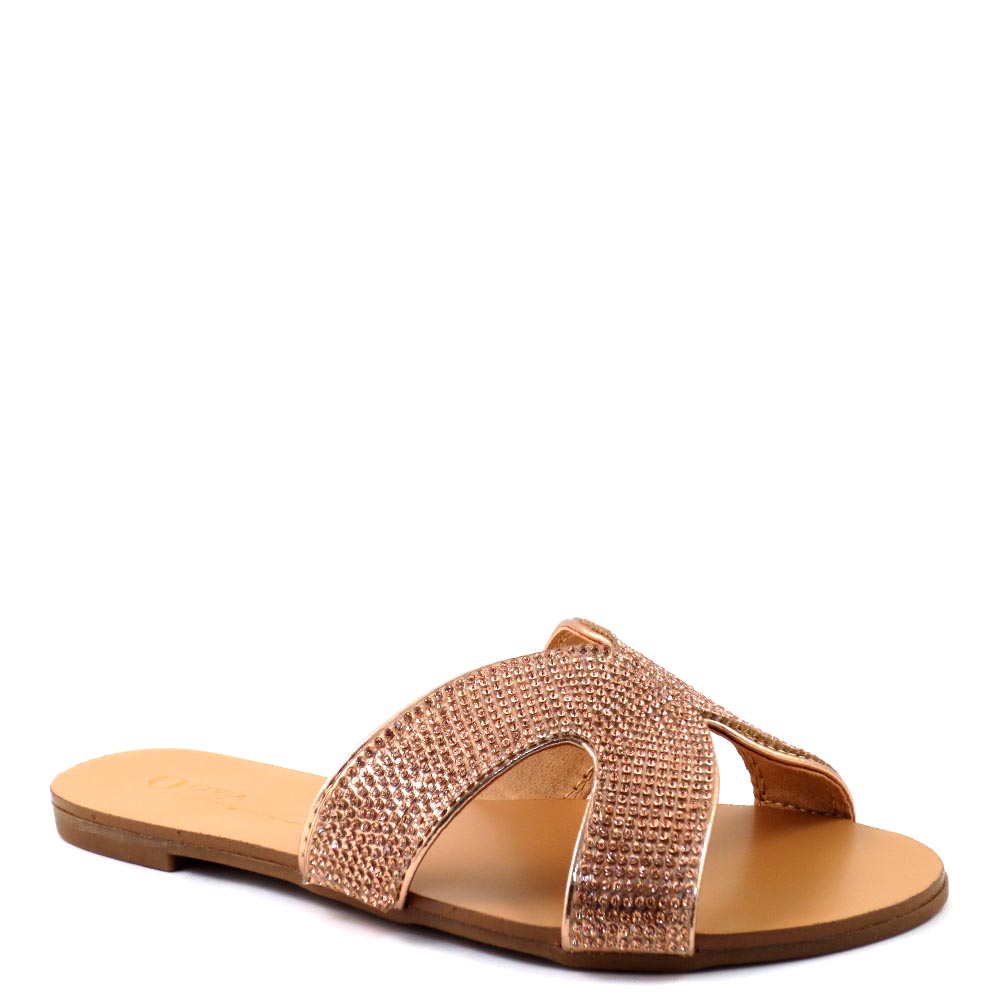 Olivia Jaymes Open Toe H-Shape Rhinestone Detail Slide In Sandals - Marquis