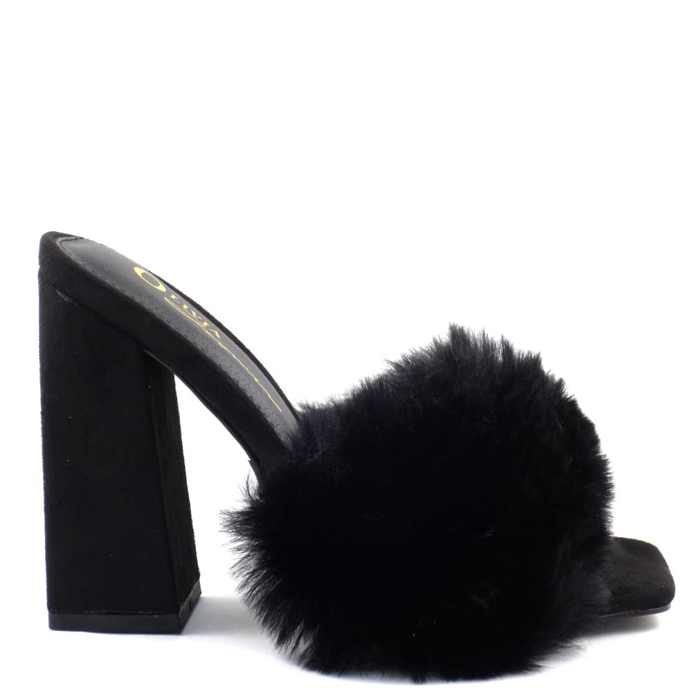 Olivia Jaymes Furry Upper Slide In Square Toe Block Heels - Mellow