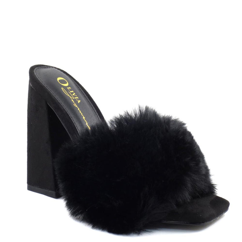 Olivia Jaymes Furry Upper Slide In Square Toe Block Heels - Mellow
