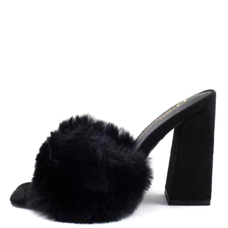 Olivia Jaymes Furry Upper Slide In Square Toe Block Heels - Mellow