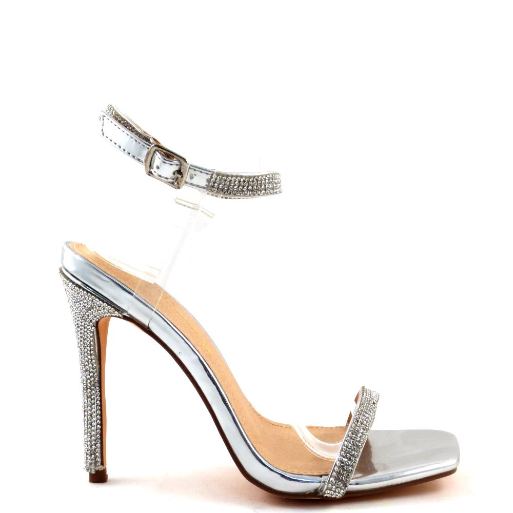 Olivia Jaymes Blingy Open Square Toe Clear Ankle Strap Detail Heels - Missu