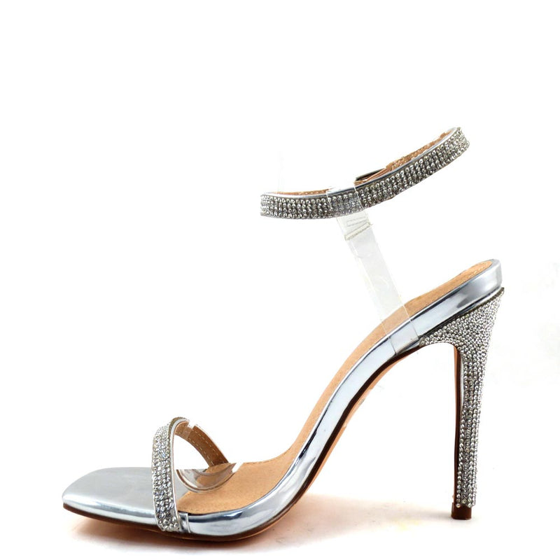 Olivia Jaymes Blingy Open Square Toe Clear Ankle Strap Detail Heels - Missu