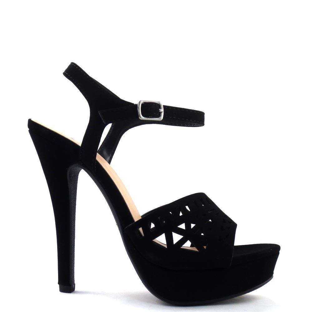 Delicious Laser Cut Upper Open Toe Ankle Strap Stiletto Platform Heel - Onboard