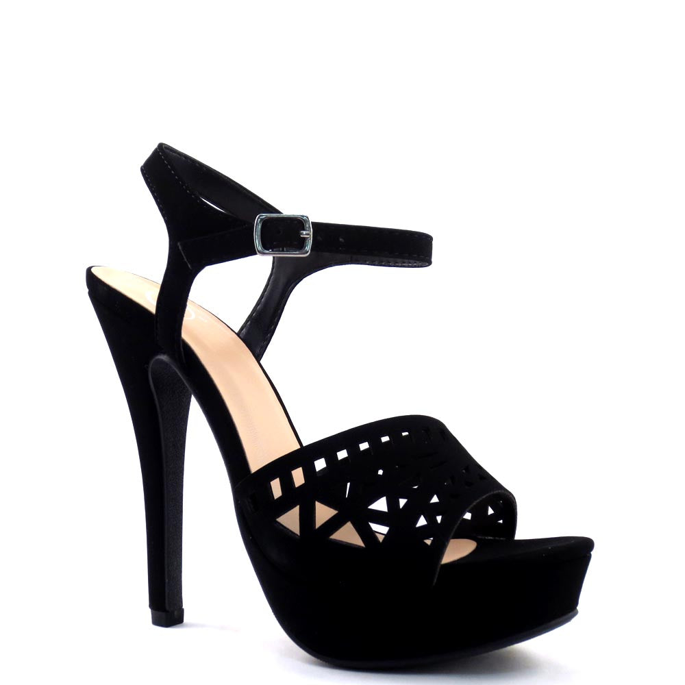 Delicious Laser Cut Upper Open Toe Ankle Strap Stiletto Platform Heel - Onboard