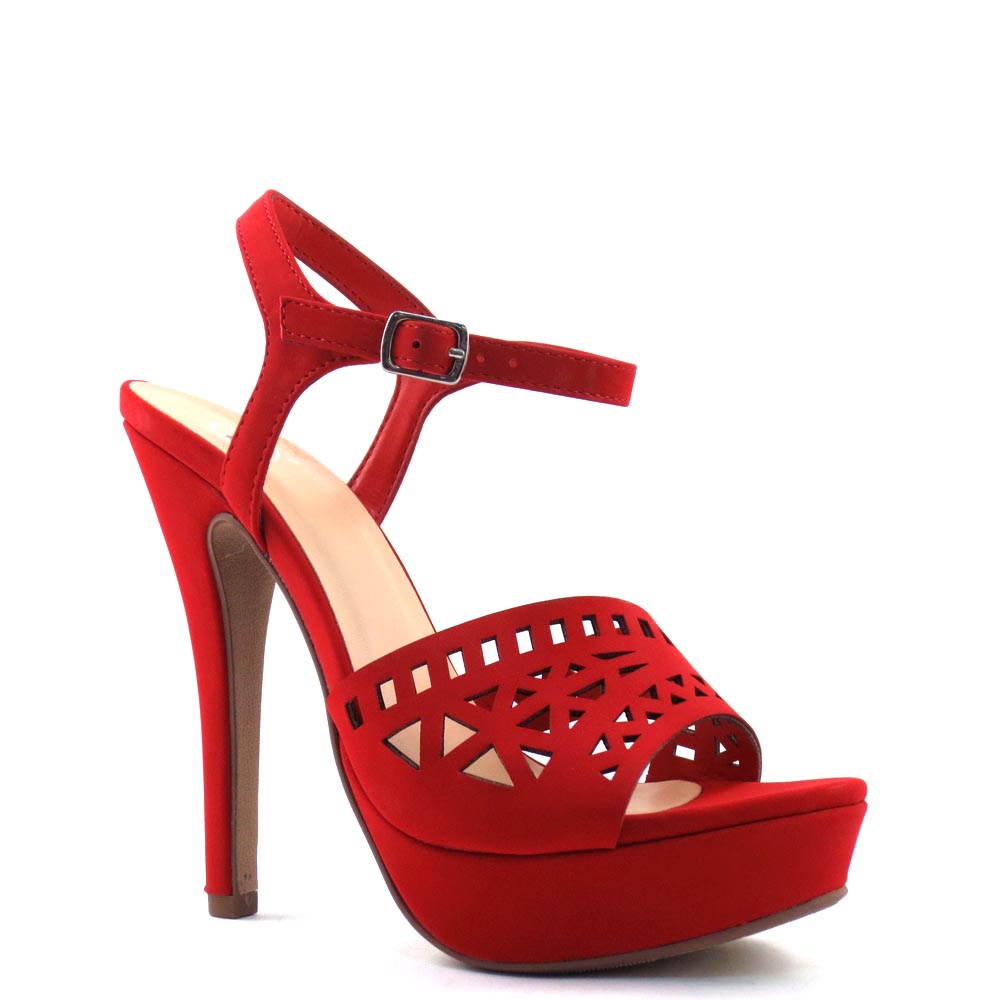 Delicious Laser Cut Upper Open Toe Ankle Strap Stiletto Platform Heel - Onboard