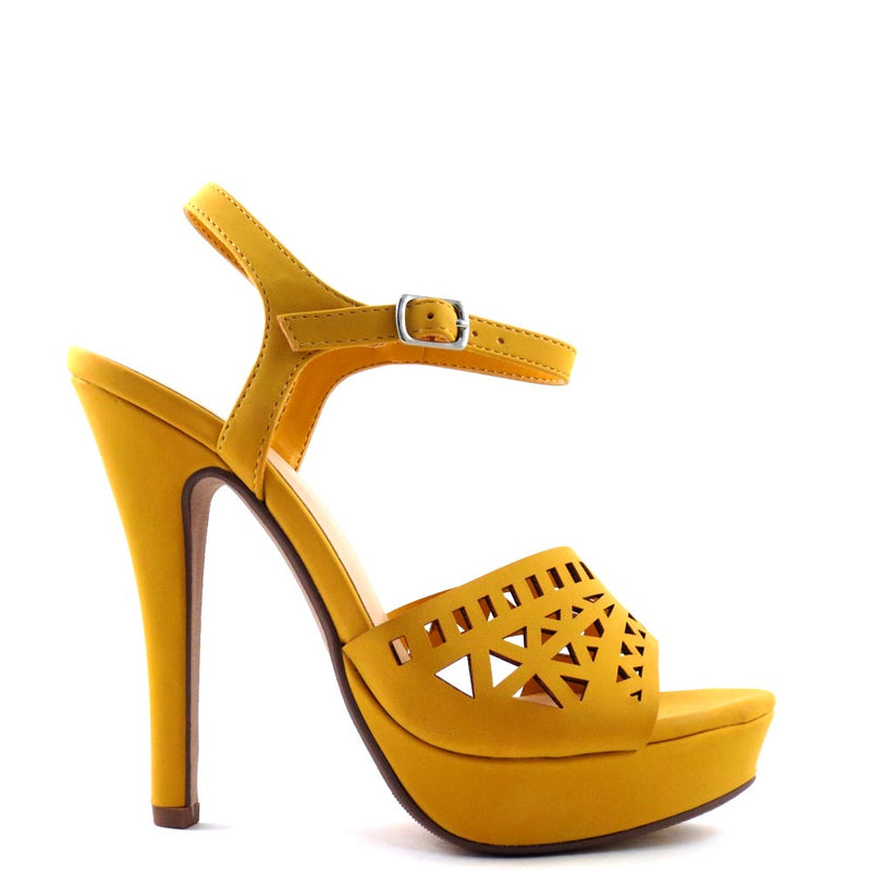 Delicious Laser Cut Upper Open Toe Ankle Strap Stiletto Platform Heel - Onboard