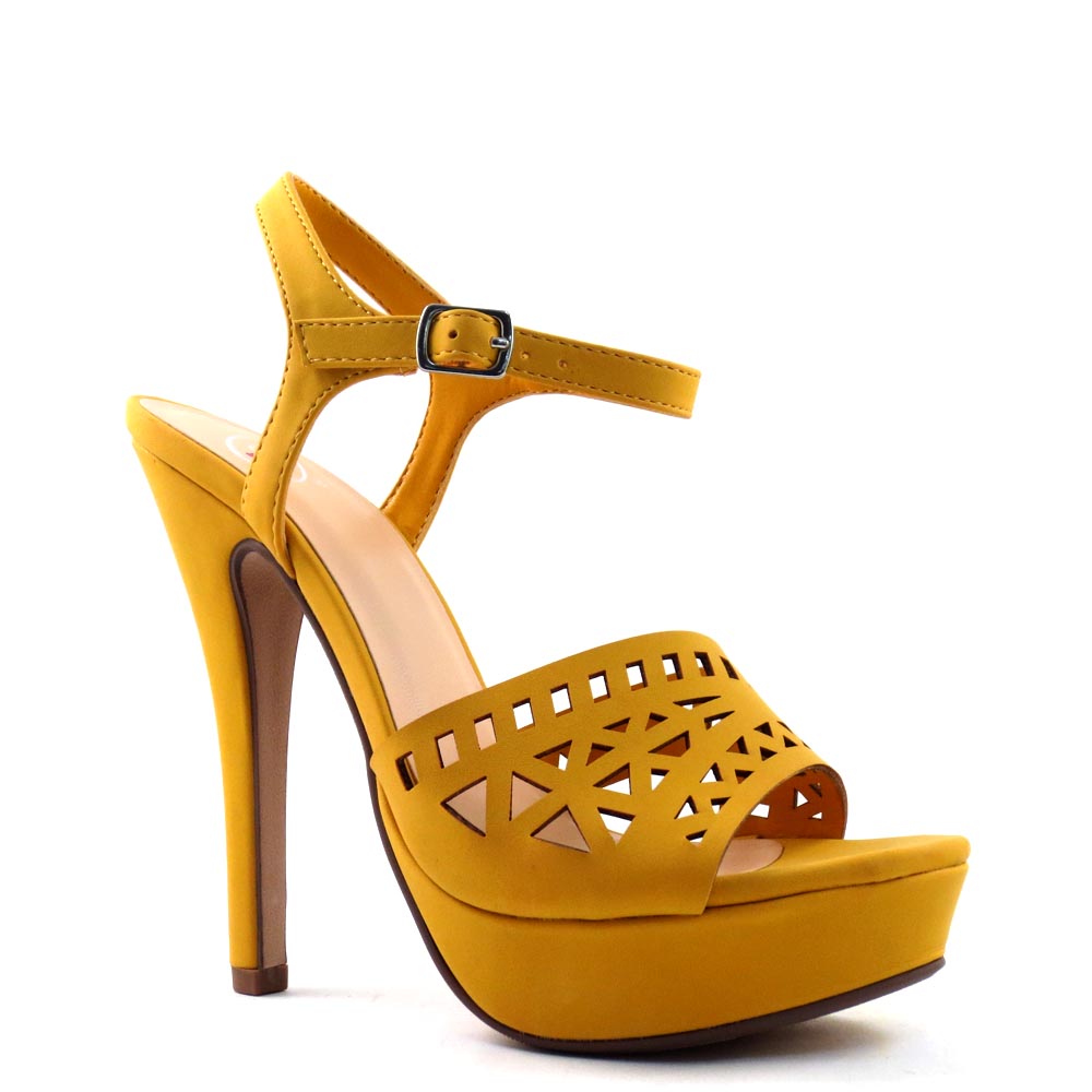 Delicious Laser Cut Upper Open Toe Ankle Strap Stiletto Platform Heel - Onboard