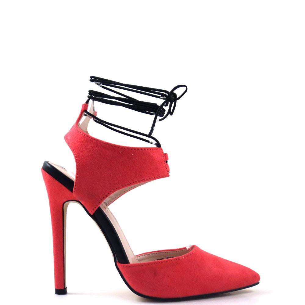 Red Cherry Pointy Closed Toe Ankle Laced Tie Up Heels - Perla 01