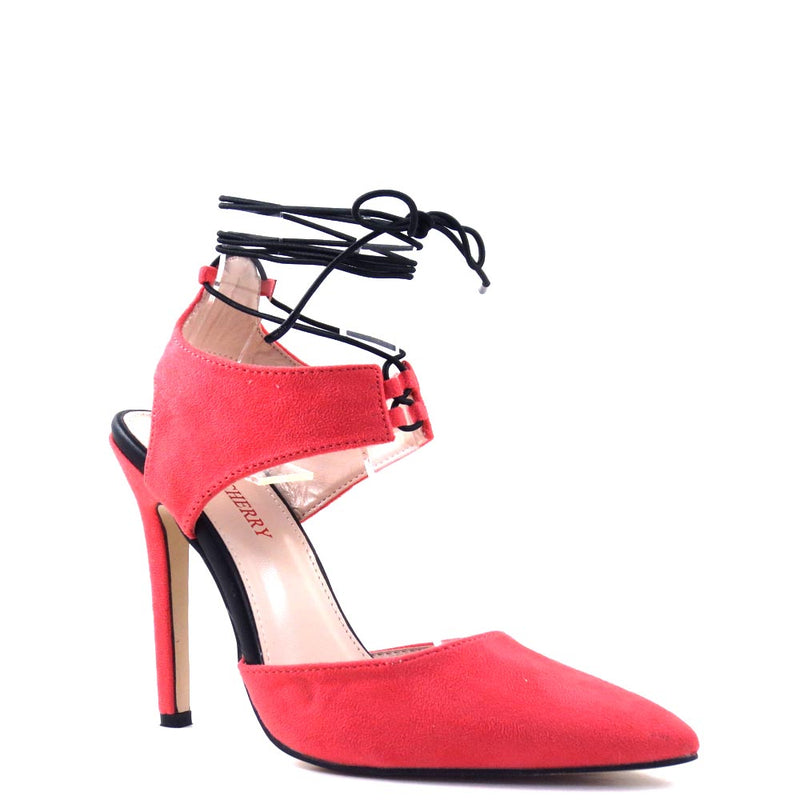 Red Cherry Pointy Closed Toe Ankle Laced Tie Up Heels - Perla 01