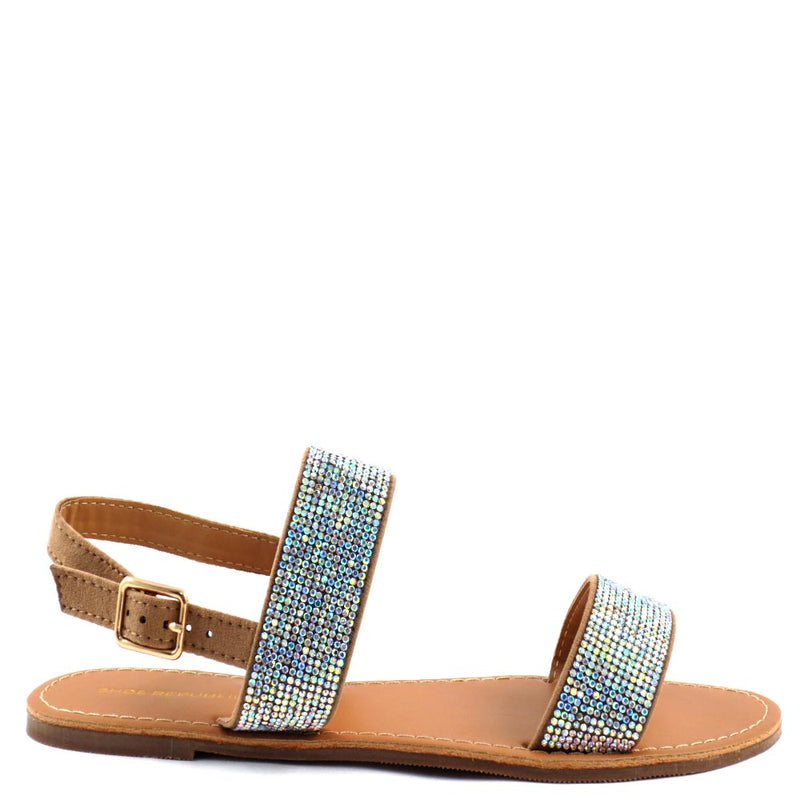 Shoe Republic LA Two Band Rhinestone Detail Upper Ankle Strap Flat Sandals - Raw