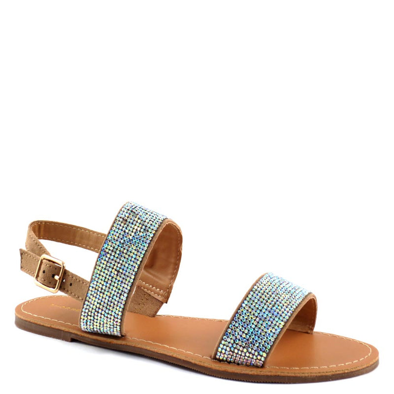 Shoe Republic LA Two Band Rhinestone Detail Upper Ankle Strap Flat Sandals - Raw