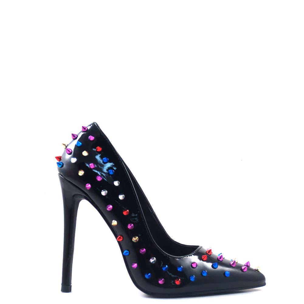 Red Cherry Patent Multi Color Studded Detail Pointy Toe Heels - Ricky 18