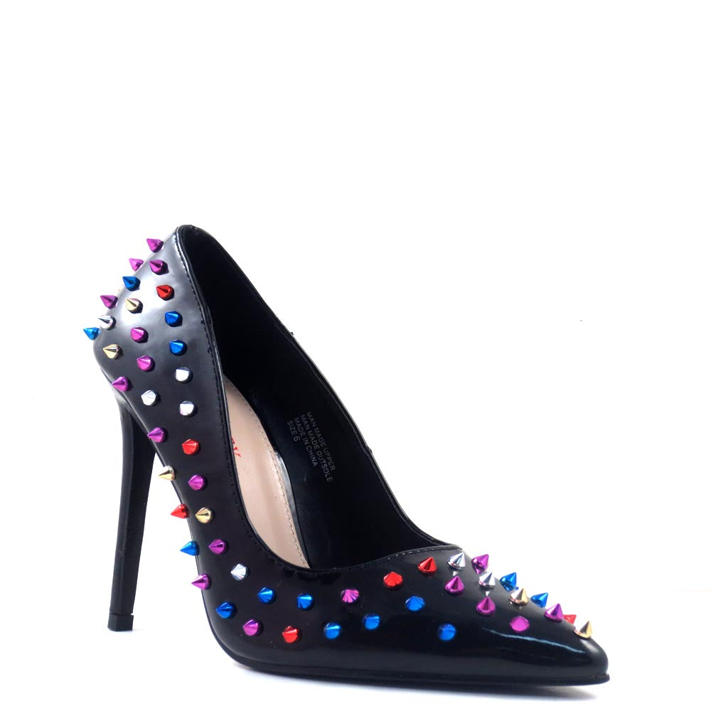 Red Cherry Patent Multi Color Studded Detail Pointy Toe Heels - Ricky 18