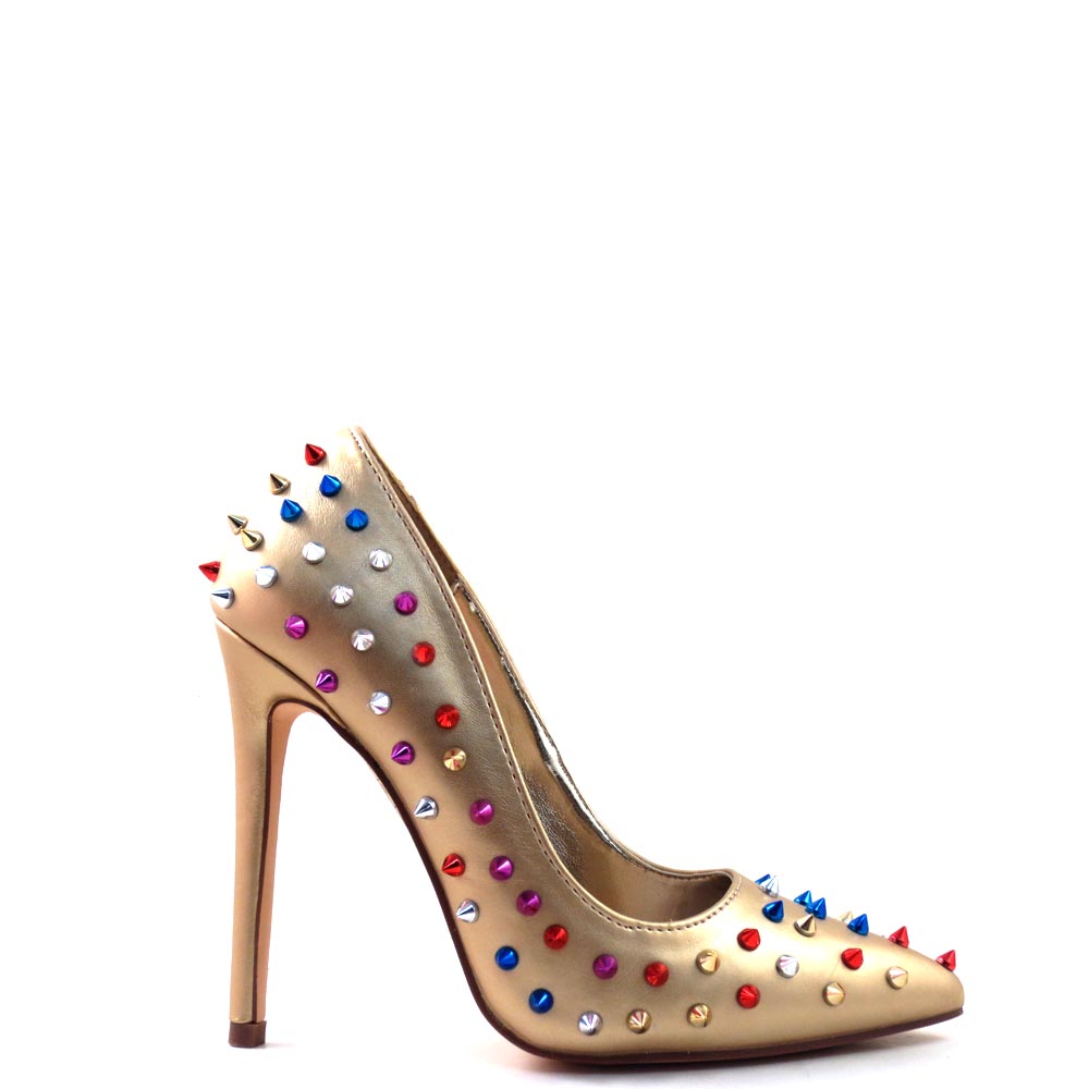 Red Cherry Patent Multi Color Studded Detail Pointy Toe Heels - Ricky 18