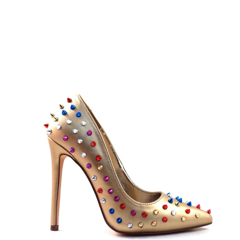 Red Cherry Patent Multi Color Studded Detail Pointy Toe Heels - Ricky 18