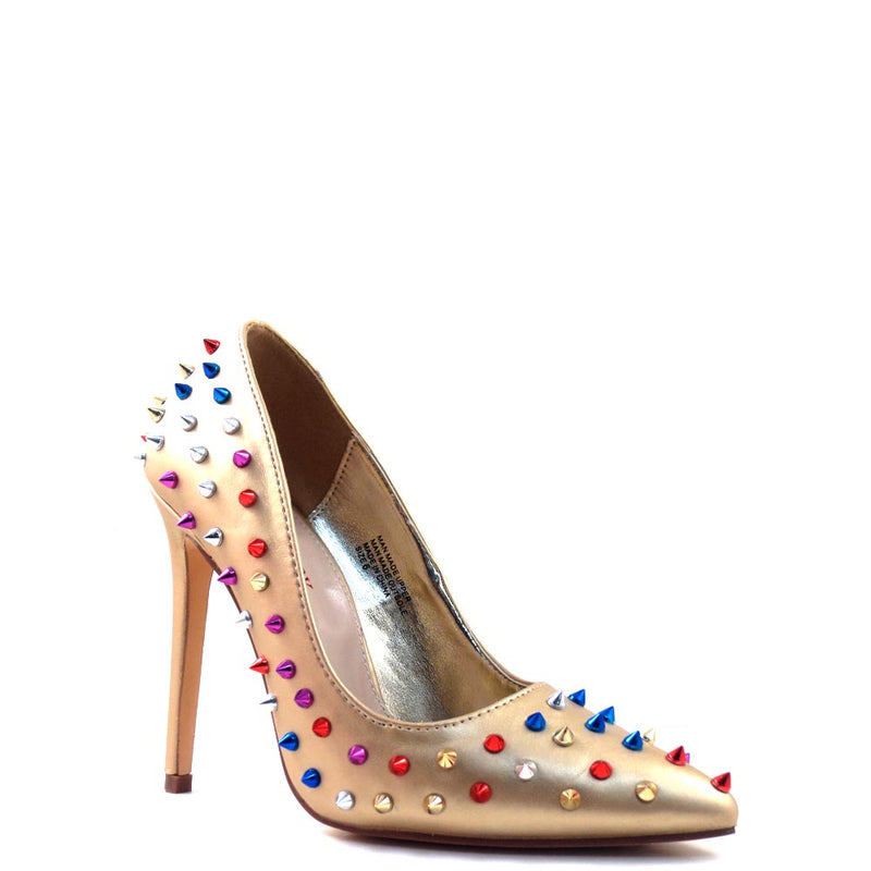 Red Cherry Patent Multi Color Studded Detail Pointy Toe Heels - Ricky 18