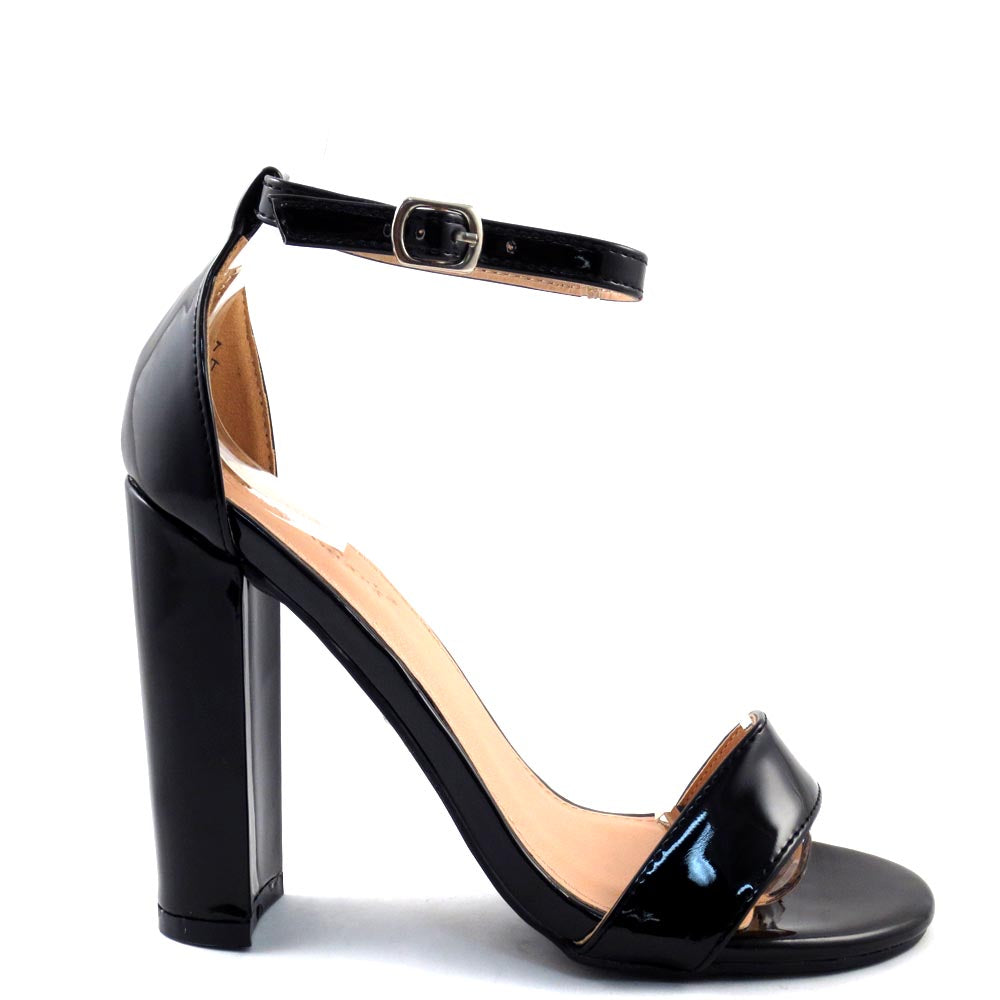 Love Mark Faux Patent Leather Open Toe Ankle Strap Chunky Heels - Shirley