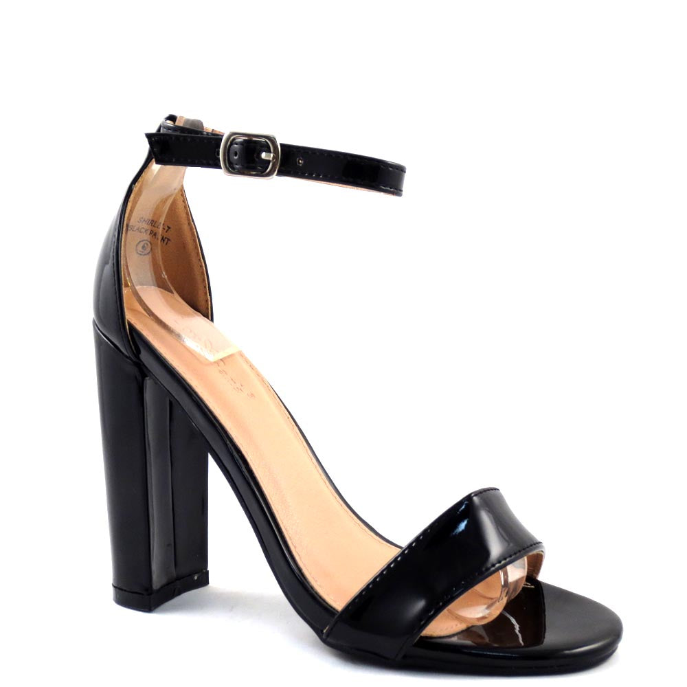 Love Mark Faux Patent Leather Open Toe Ankle Strap Chunky Heels - Shirley