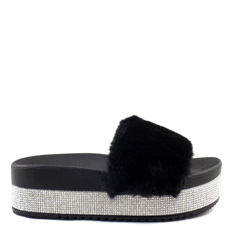 Olivia Jaymes Furry Upper Detailed Rhinestone Platform Sandals - Snow