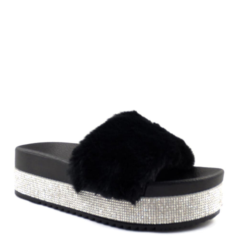 Olivia Jaymes Furry Upper Detailed Rhinestone Platform Sandals - Snow