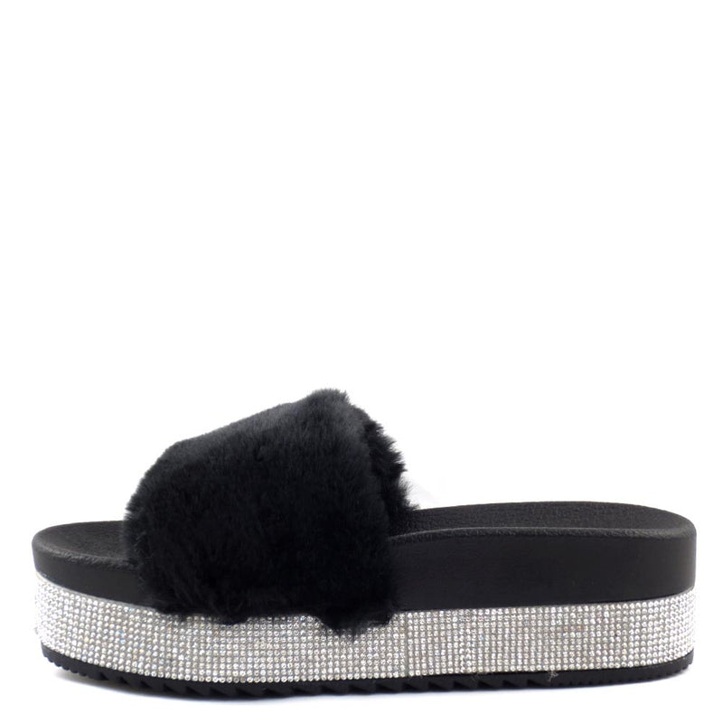 Olivia Jaymes Furry Upper Detailed Rhinestone Platform Sandals - Snow