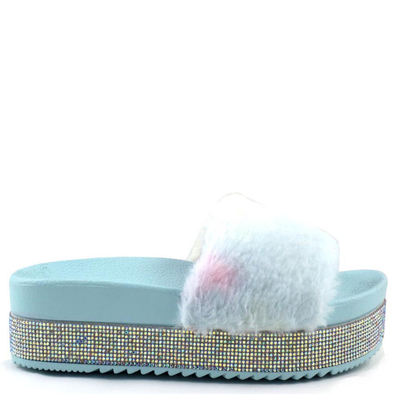 Olivia Jaymes Furry Upper Detailed Rhinestone Platform Sandals - Snow