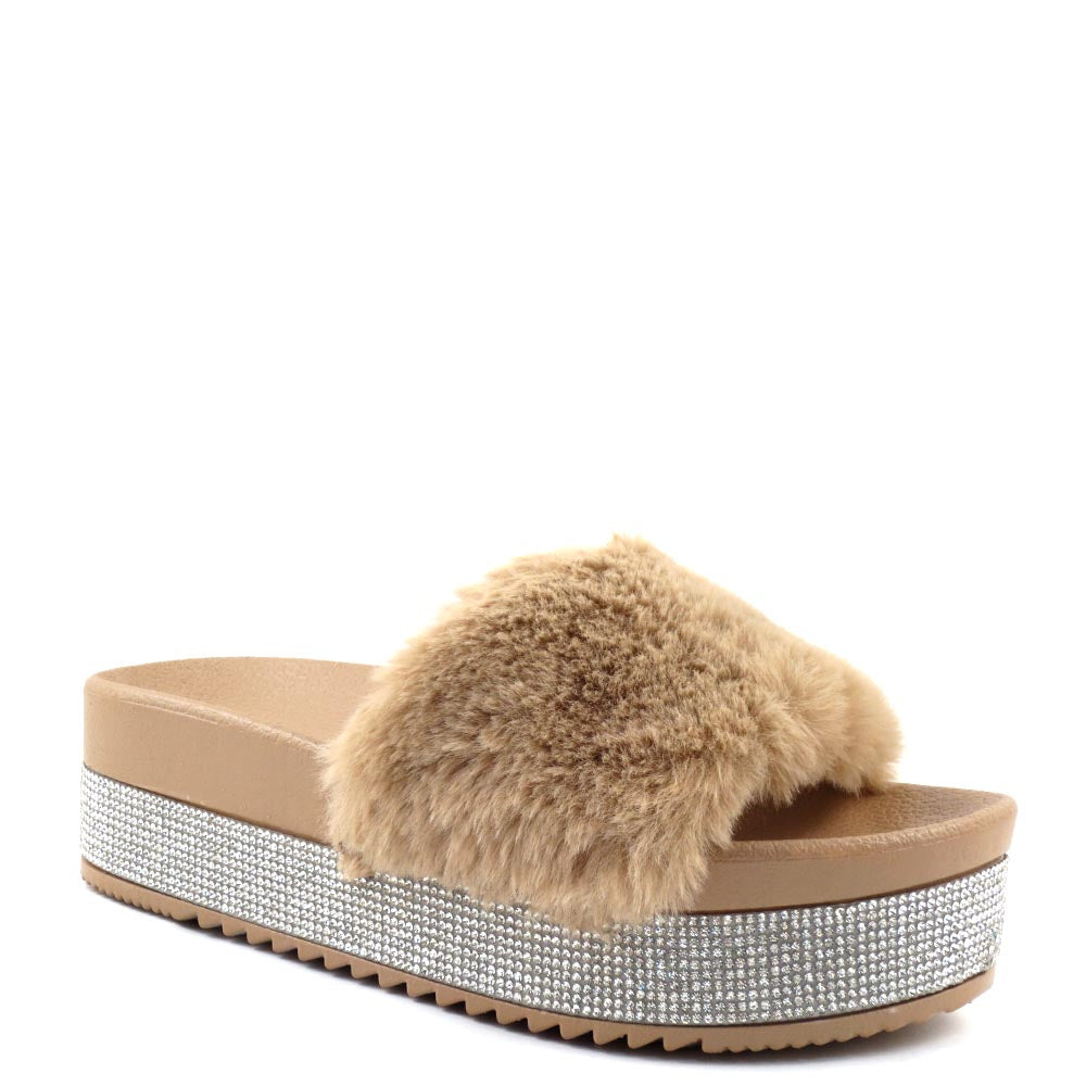 Olivia Jaymes Furry Upper Detailed Rhinestone Platform Sandals - Snow