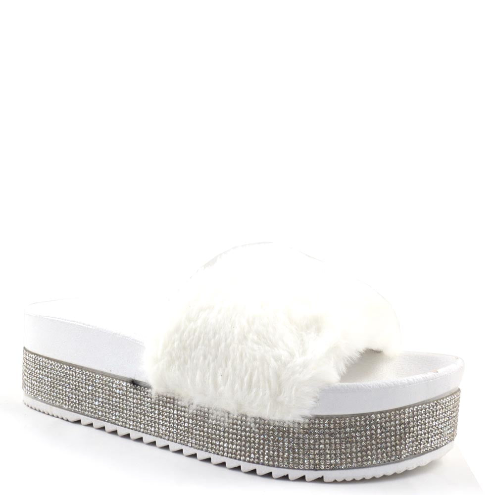 Olivia Jaymes Furry Upper Detailed Rhinestone Platform Sandals - Snow