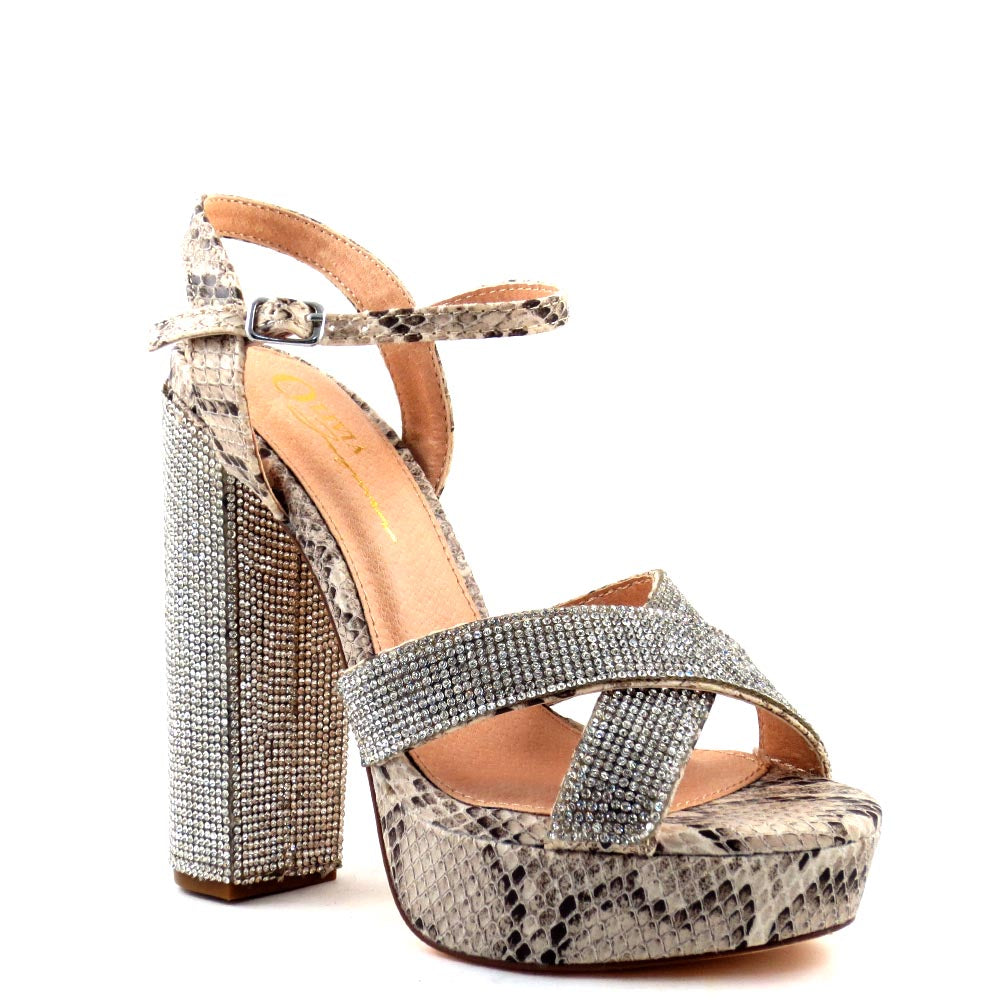 Olivia Jaymes Blingy Faux Snake Open Toe Ankle Strap Criss Cross Pattern Heels - Sonny