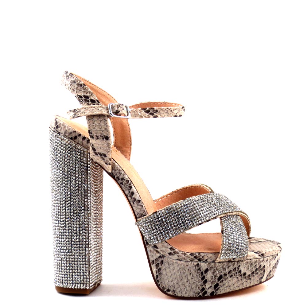 Olivia Jaymes Blingy Faux Snake Open Toe Ankle Strap Criss Cross Pattern Heels - Sonny